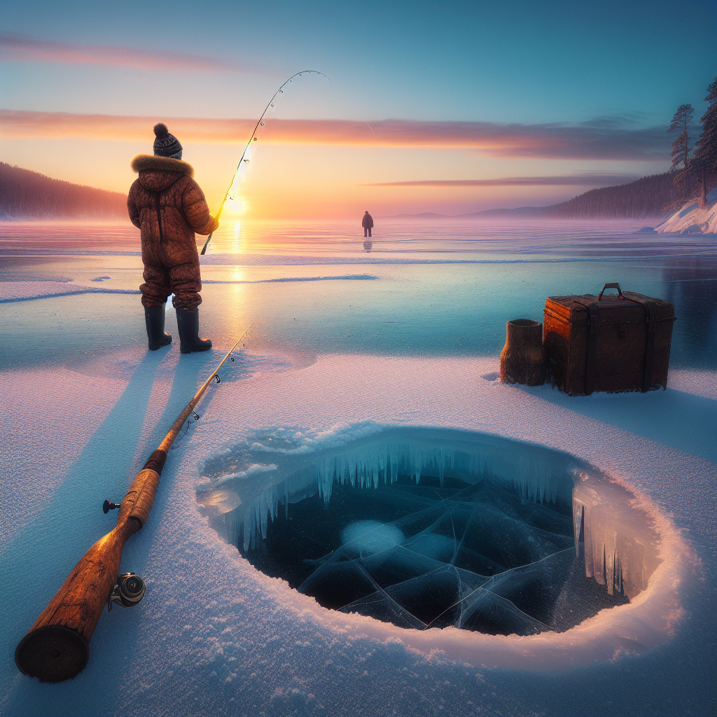 Ice fish through frozen lake ice