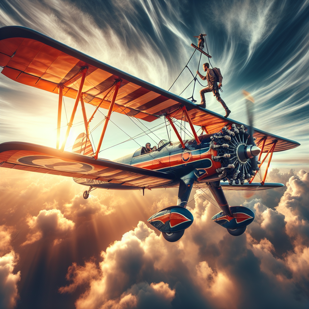 Wing walk on a biplane in flight