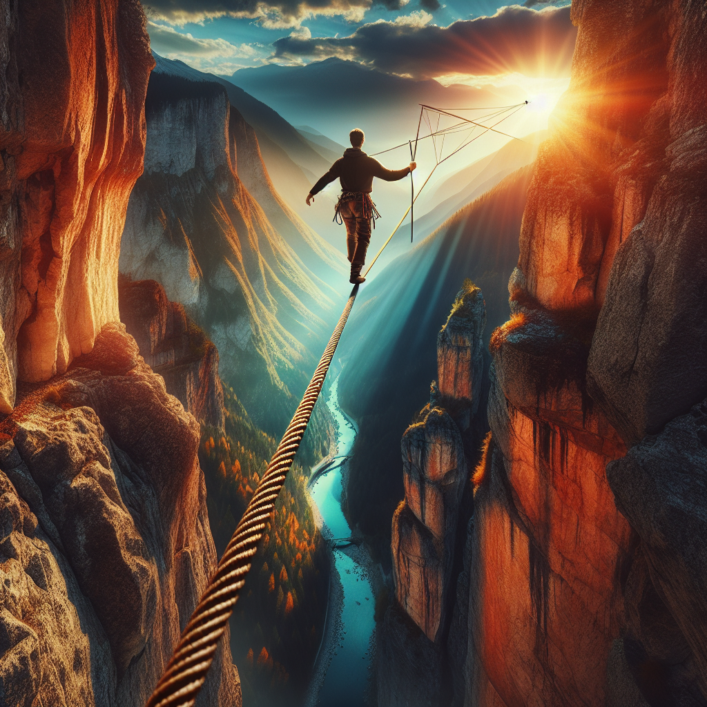 Walk a tightrope between two cliffs